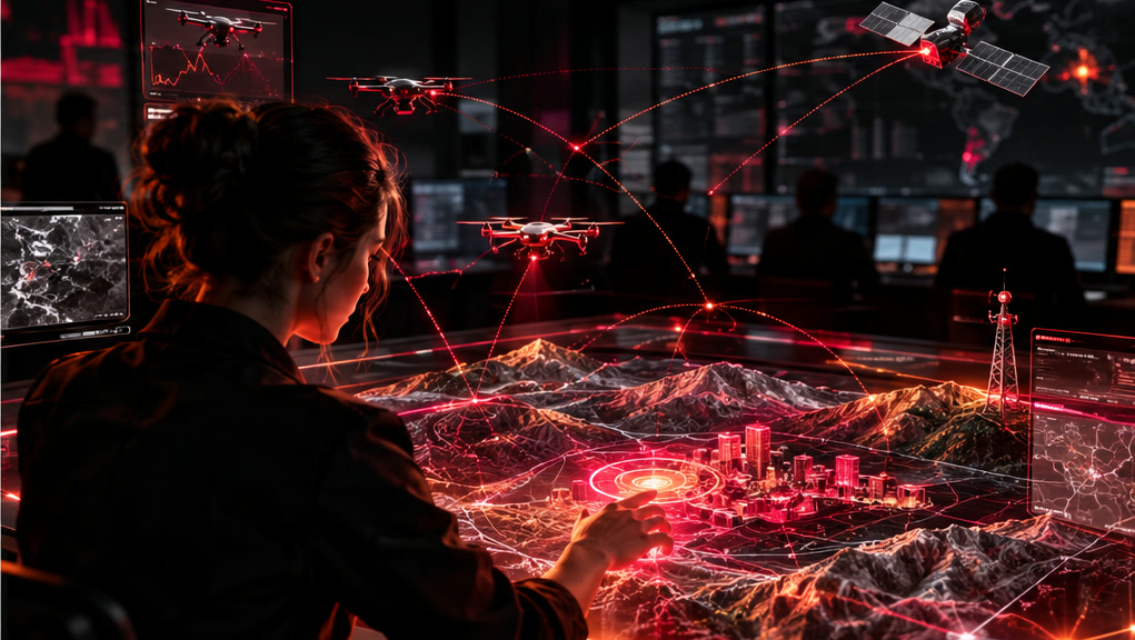 An operator at a command table with drones and a satellite linked by red lines