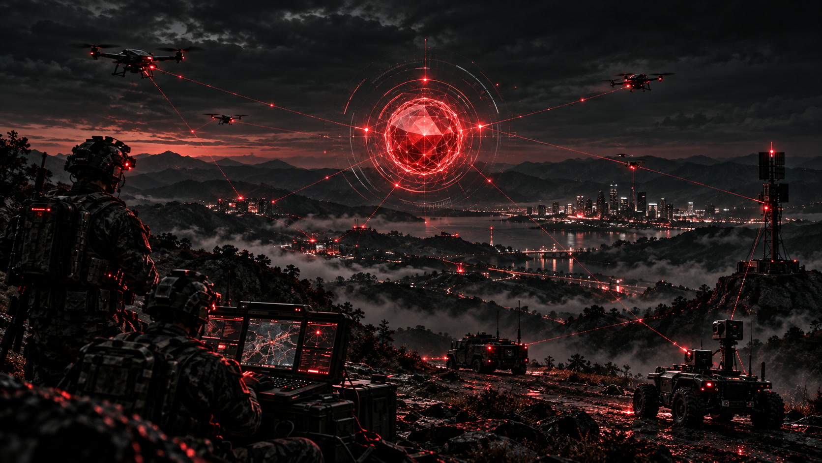 Operators on a ridge with drones, vehicles and a city linked to the OMNI X mark by red lines
