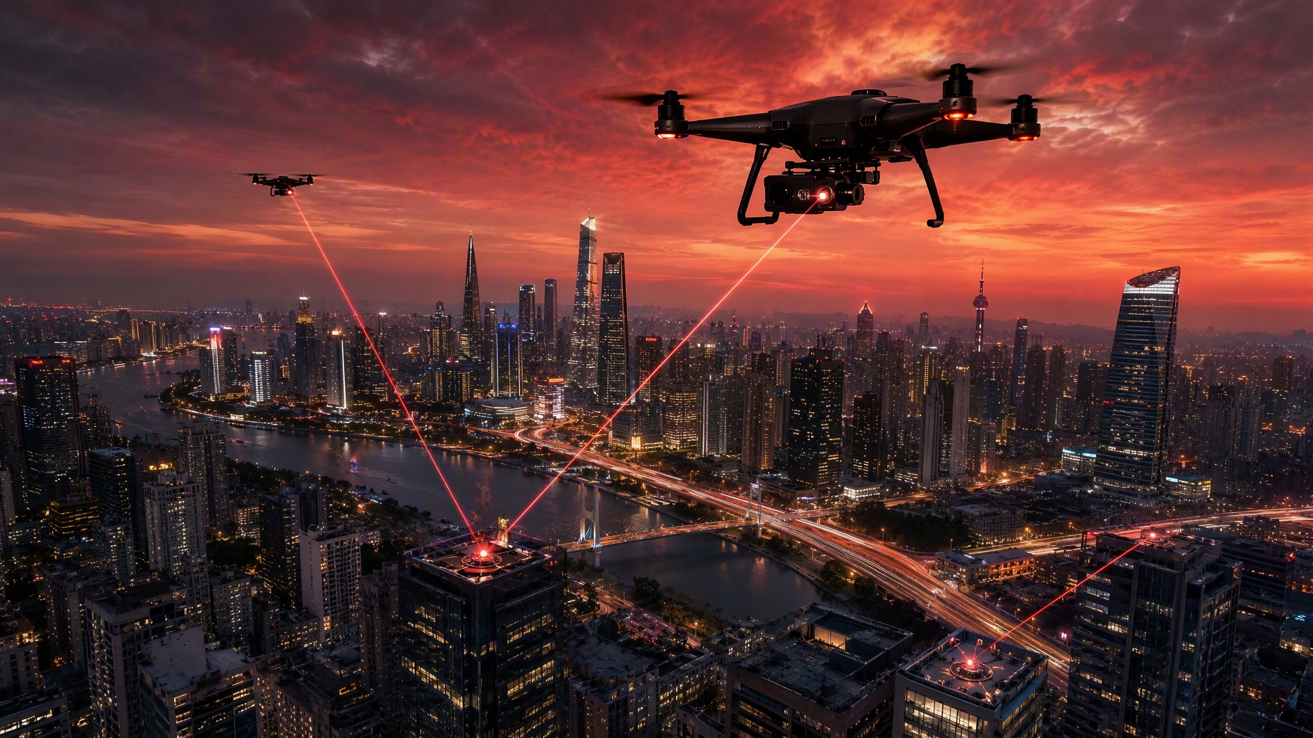 A drone over a city at dusk, linked to buildings by red lines